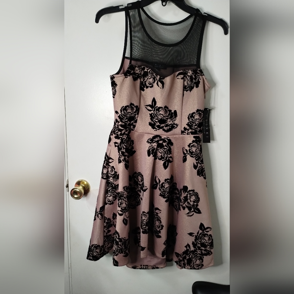 Trixxi Pink Black Floral Velvet Roses Mesh Flare Party Cocktail Dress Size Small